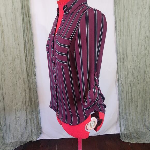 By & By Maroon and Black Striped Button up Roll Tab Sleeves Size XS - Picture 3 of 6